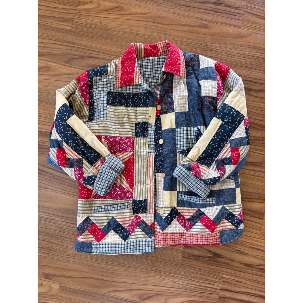 vintage Americana quilted patchwork jacket reversible lone star pattern red blue